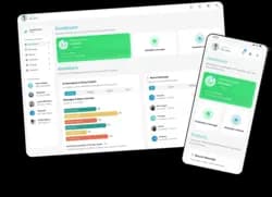 Dashboard interface shown on both desktop and mobile for WhatsApp automation