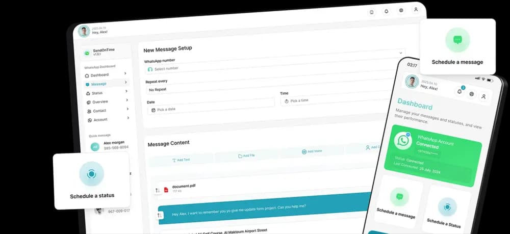 Dashboard showing scheduled WhatsApp messages and statuses